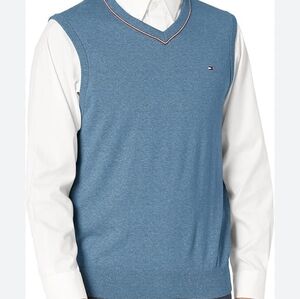Tommy Hilfiger Blue Cotton Sweater Vest with Green Trim Size Large